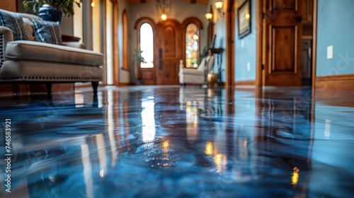 The glossy epoxy floor reflects the contemporary furnishings and warm decor of a modern apartments living room, enhancing the spaces overall appeal. © photolas