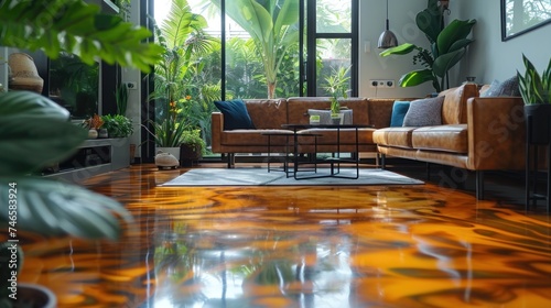 The glossy epoxy floor reflects the contemporary furnishings and warm decor of a modern apartments living room, enhancing the spaces overall appeal.