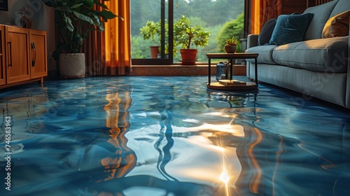 The glossy epoxy floor reflects the contemporary furnishings and warm decor of a modern apartments living room  enhancing the spaces overall appeal.
