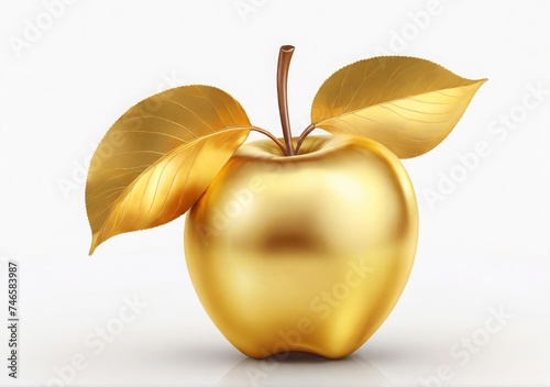 A golden apple with leaves on a white background – Illustration of a realistic gold apple