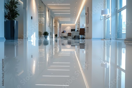 A contemporary office space with a shiny new epoxy floor reflects the bright lights, complemented by glass windows and comfortable seating areas.