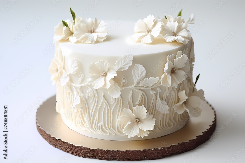 An HD shot showcasing the intricate floral design on a coconut cream birthday cake, harmoniously placed on a pure white backdrop.