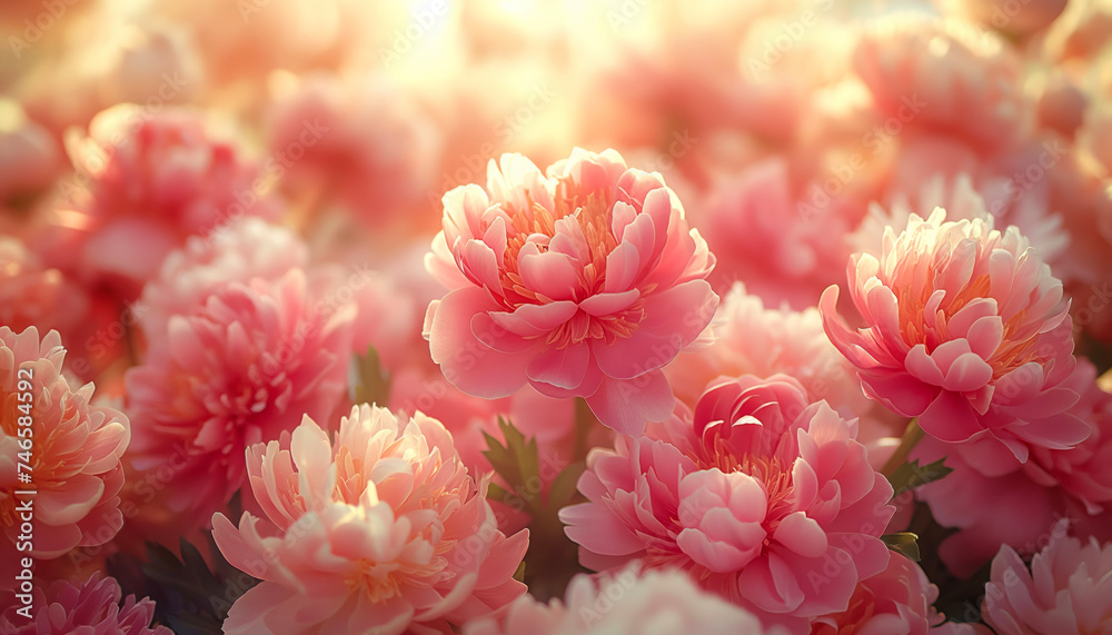 Pink peonies in garden on flower background with light and bokeh. Waiting for spring, floral banner. Greeting card, Valentines day, 8 march, Womens day, Mothers day, close up Pink peonies in garden on flower background with light and bokeh. Waiting for spring, floral banner. Greeting card, Valentines day, 8 march, Womens day, Mothers day, close up