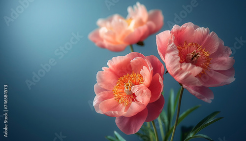 Beautiful peonies on blue background with light and bokeh. Waiting for spring  floral banner. Greeting card  Valentines day  8 march  Womens day  Mothers day  close up