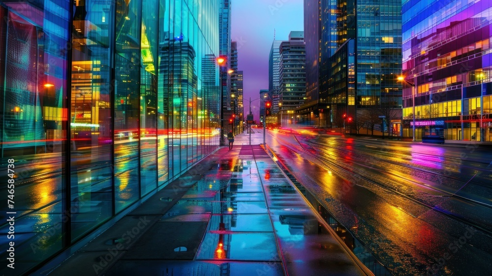 Tall buildings, walkways and long exposures from pedestrian walkways with street lights and high-rise contemporary buildings with multi-colored reflective glass walls at dusk.