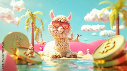 Colorful 3D-rendered scene of an alpaca on vacation, chilling with sunglasses, surrounded by summer vibes and Bitcoin wealth © wasan