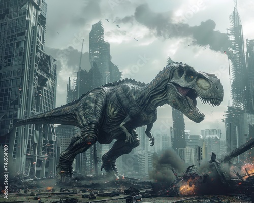 Dinosaurs causing havoc in a crypto-powered city, futuristic skyline crumbling, intense action scene