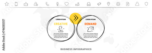 2 step arrows vector infographic. Modern and line infographics business timeline with related circle shapes, colors, icons. Visualization for business presentation, banner, workflow layout, chart