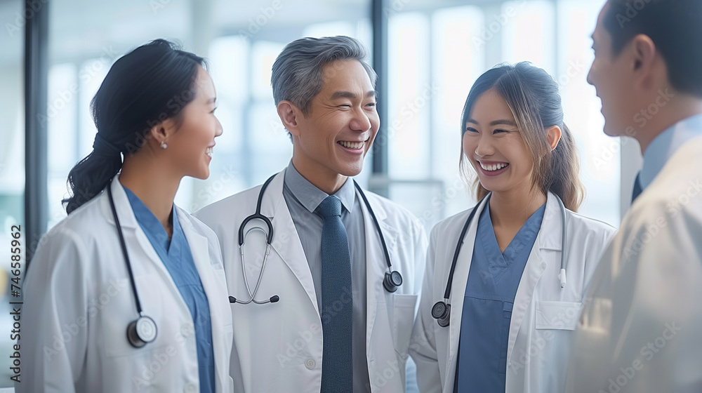 group of Asian handsome male doctors and smiling Asian beautiful female doctors standing together. group of Asian handsome male doctors and smiling Asian beautiful female doctors standing together.