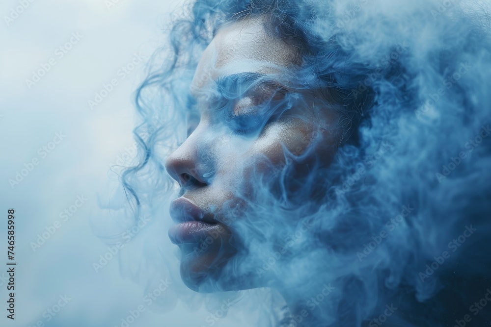 A portrait of a woman shrouded in a cloud of blue smoke, sparking curiosity and conveying the theme of mystery and concealment A portrait of a woman shrouded in a cloud of blue smoke, sparking curiosity and conveying the theme of mystery and concealment