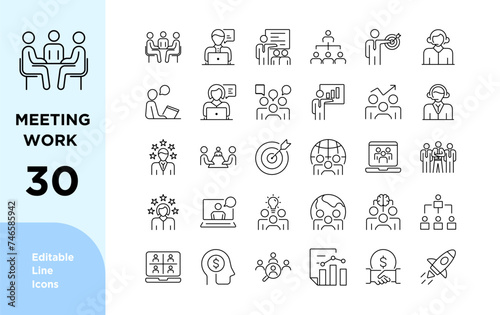 Meeting icon Line Editable Icons set. Conference, team, people, brainstorm, business, seminar, interview, collection, zoom. Vector illustration. photo