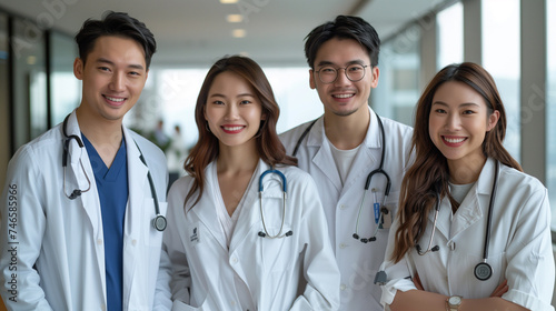 group of Asian handsome male doctors and smiling Asian beautiful female doctors standing together.