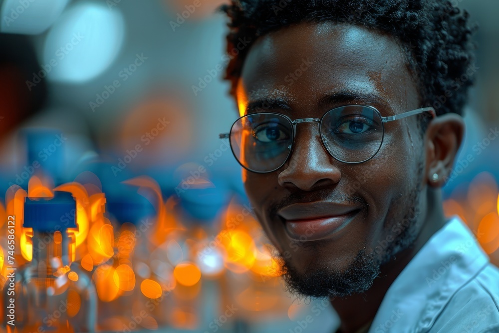 A cheerful young man wearing glasses and a lab coat smiles in a lab setting with illuminated flasks in the background A cheerful young man wearing glasses and a lab coat smiles in a lab setting with illuminated flasks in the background