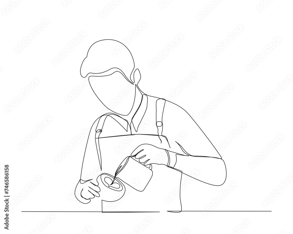Continuous one line drawing of barista pouring milk to coffee, preparing drink. Barista making latte art in single outline vector illustration. Editable stroke.