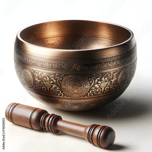 Tibetan singing bowl with a wooden striker on white background. Tool for meditation and alternative medicine like yoga and sound healing.