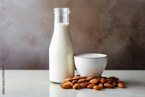 Milk in glass bottle near ceramic bowl with raw almonds on stone table in kitchen
