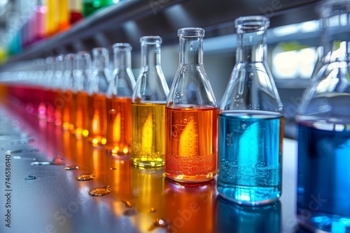 Vibrant colored liquids in chemistry flasks reflect on a glossy surface under scientific lab lights