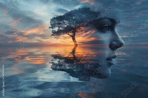 A single tree stands tall with its reflection cast upon the water at sunset, depicting solitude and peace