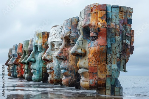 This commanding image displays a row of large, weathered sculptures of human faces facing the sea, eliciting reflection