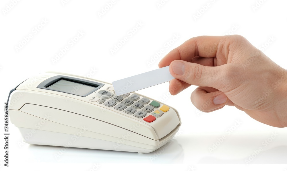 A customer paying by tapping credit card to a swiping machine A customer paying by tapping credit card to a swiping machine