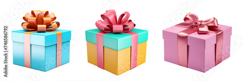 Three color gift box wrapped with gold bow and ribbon isolated on background.