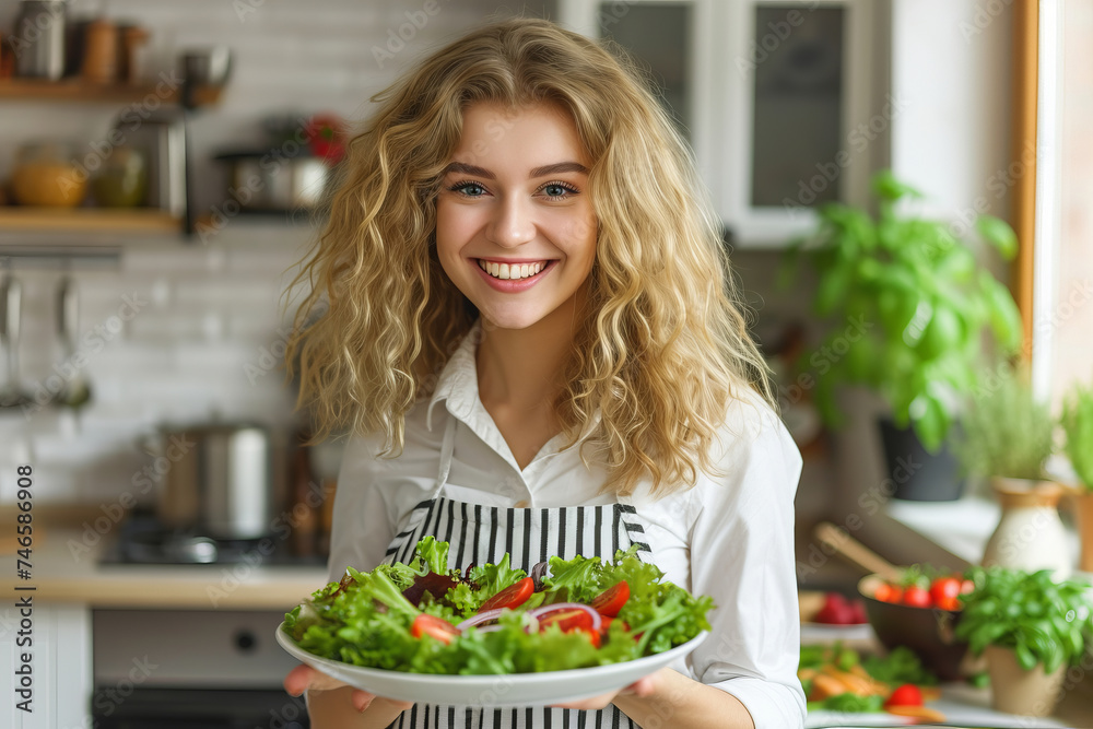 Cute, young girl in kitchen holding plate with salad of fresh vegetables, herbs and smiling Cute, young girl in kitchen holding plate with salad of fresh vegetables, herbs and smiling