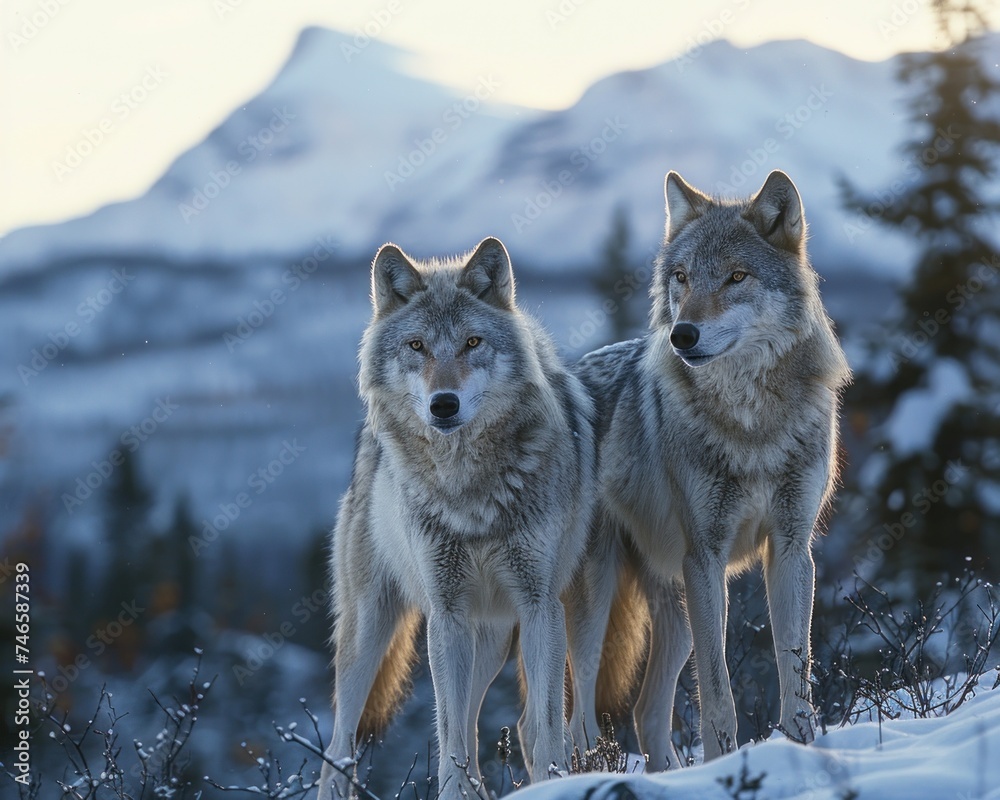 Naklejka premium Winter Wilderness: The Majestic Gray Wolf Roams Amidst the Snowy Landscape. In the Cold, Crisp Air of the Northern Forests, these Wolves