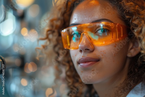 A close-up of a young woman with curly hair donned in bright orange safety goggles