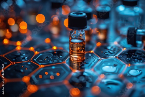 Sophisticated image of science vials placed on glowing hexagonal patterns highlighting modern scientific research