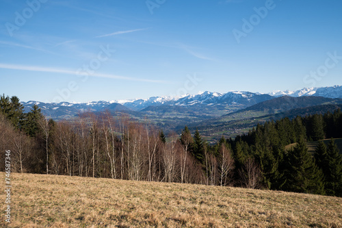 View of the Alps in spring in March from Mount Pfender