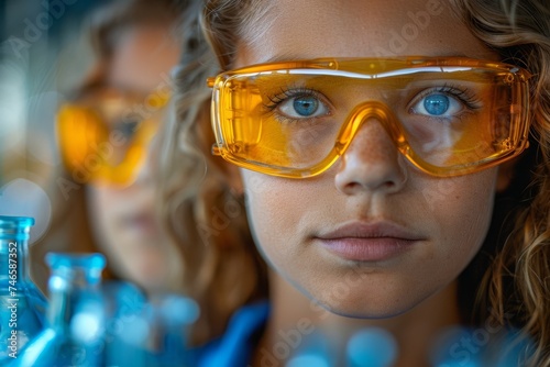 Close-up of a young girl with blond hair and orange protective eyewear in a laboratory setting