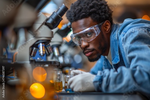 An African American scientist focuses on an experiment using a microscope  surrounded by lab equipment