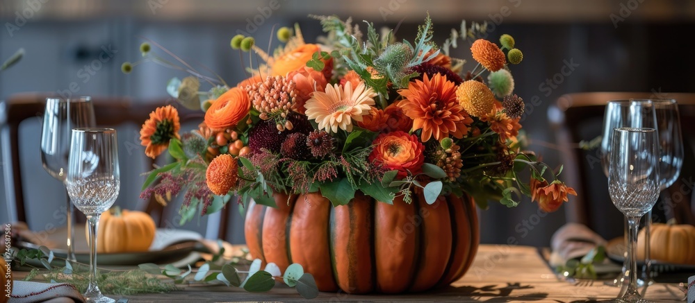 A dining table is adorned with a pumpkin overflowing with vibrant autumn flowers, creating a festive and elegant centerpiece for the occasion. The flowers spill out of the pumpkin, adding a touch of