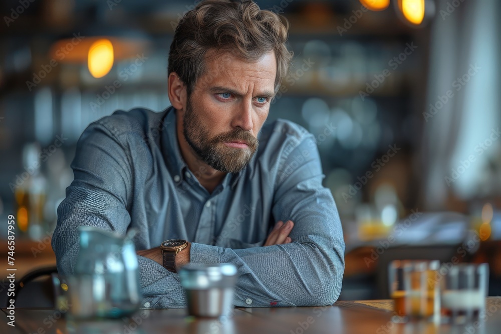 A thoughtful middle-aged man with a beard sits quietly with a serious expression A thoughtful middle-aged man with a beard sits quietly with a serious expression