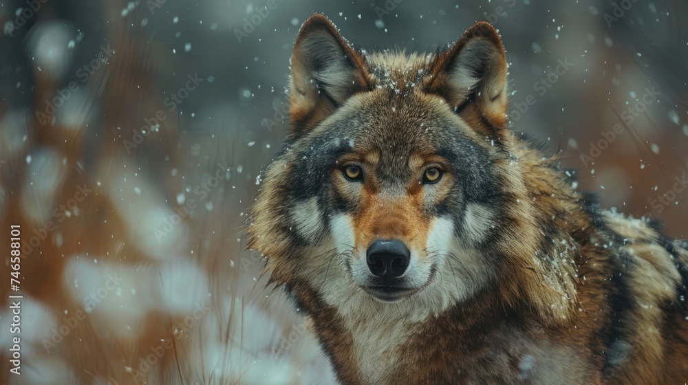 Winter Wilderness: The Majestic Gray Wolf Roams Amidst the Snowy Landscape. In the Cold, Crisp Air of the Northern Forests, these Wolves Winter Wilderness: The Majestic Gray Wolf Roams Amidst the Snowy Landscape. In the Cold, Crisp Air of the Northern Forests, these Wolves