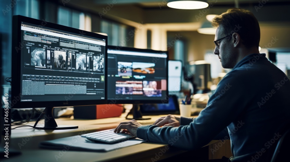 Bustling publishing house scene editor works on magazine focused on digital layout