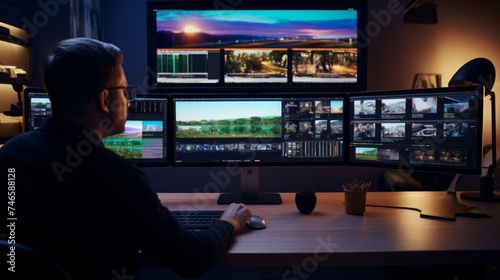 Confident film editing by editor large monitor cinematic studio setting