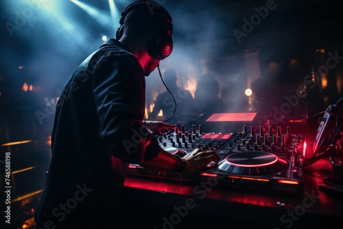 Cropped male DJ mixing songs on a controller during a concert in a dark nightclub at night