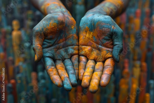 Open hands covered in vibrant paint against a backdrop of many colors, portraying creativity