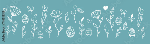Cute hand drawn easter eggs horizontal seamless pattern, fun easter decoration, great for banners, wallpapers, cards. Vector 10 eps.