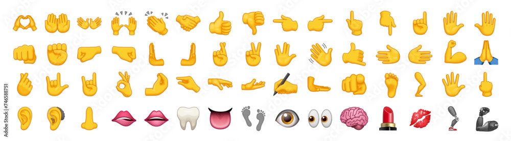 All type of hand emojis, gestures, stickers, emoticons flat illustration symbols set, collection. Hands, handshakes, muscle, finger, fist, direction, like, unlike, fingers collection illustration. - obrazy, fototapety, plakaty 