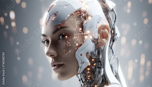 Futuristic white humanoid robot portrait with copy space for text in a futuristic setting