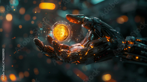 A cybernetic hand holding a glowing Bitcoin embodying the fusion of human ingenuity and digital currency