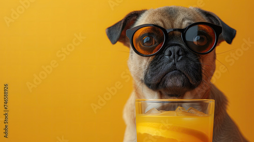 Portrait of cute puppy pug in trendy transparent sunglasses with glass of orange juice isolated on the yellow background with copy space