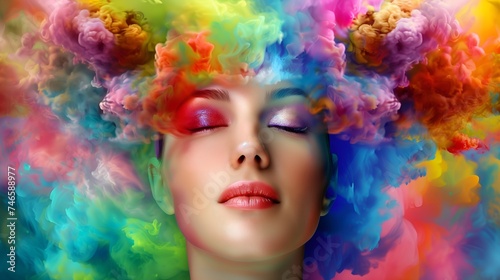 The essence of emotion captured in a storm of colors around woman, where each hue represents a different feeling