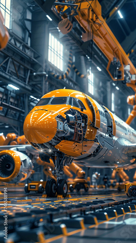 AI driven robots assembling an airplane a scene depicting the fusion of robotics and precision engineering