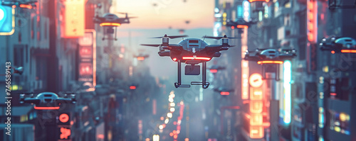 Fleet of autonomous drones delivering packages across a futuristic cityscape