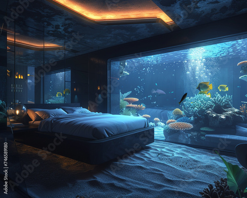 Luxury underwater hotel room offering guests a night surrounded by the wonders of the sea photo