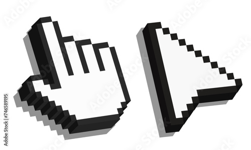 Pixel 3d mouse cursor. Hand and arrow cursor. Computer Mouse click cursor. Vector clipart.