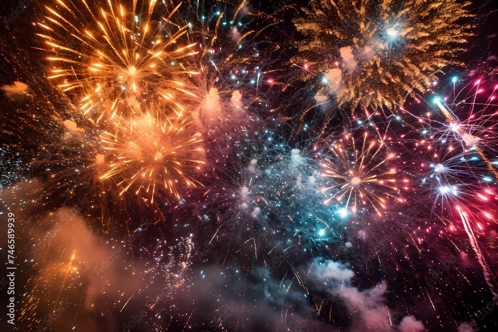 An explosive scene showcasing a mesmerizing fireworks show, with rockets launching in various directions and filling the night sky with vibrant colors.